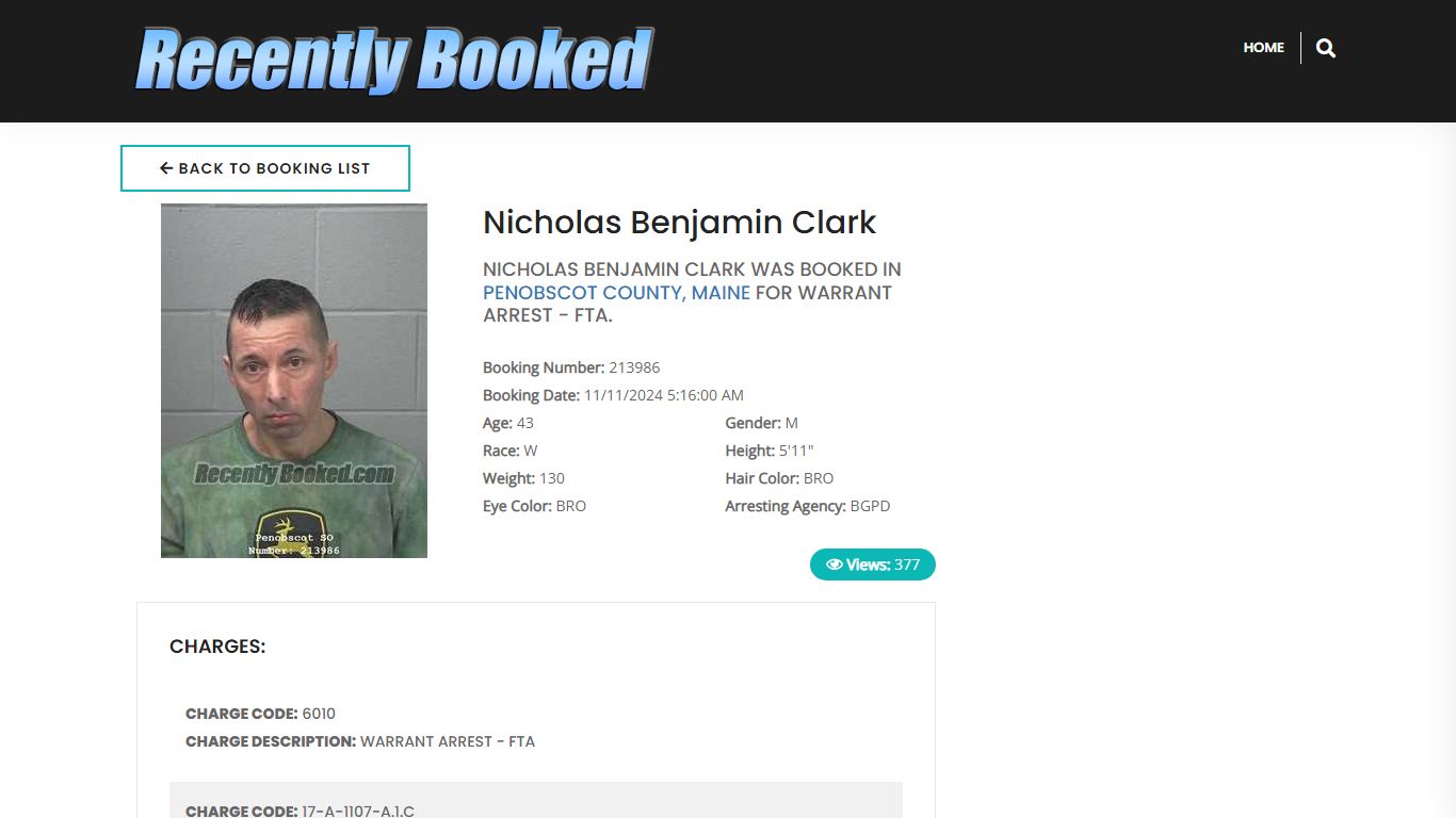 Recent Booking / Mugshot for Nicholas Benjamin Clark in Penobscot ...